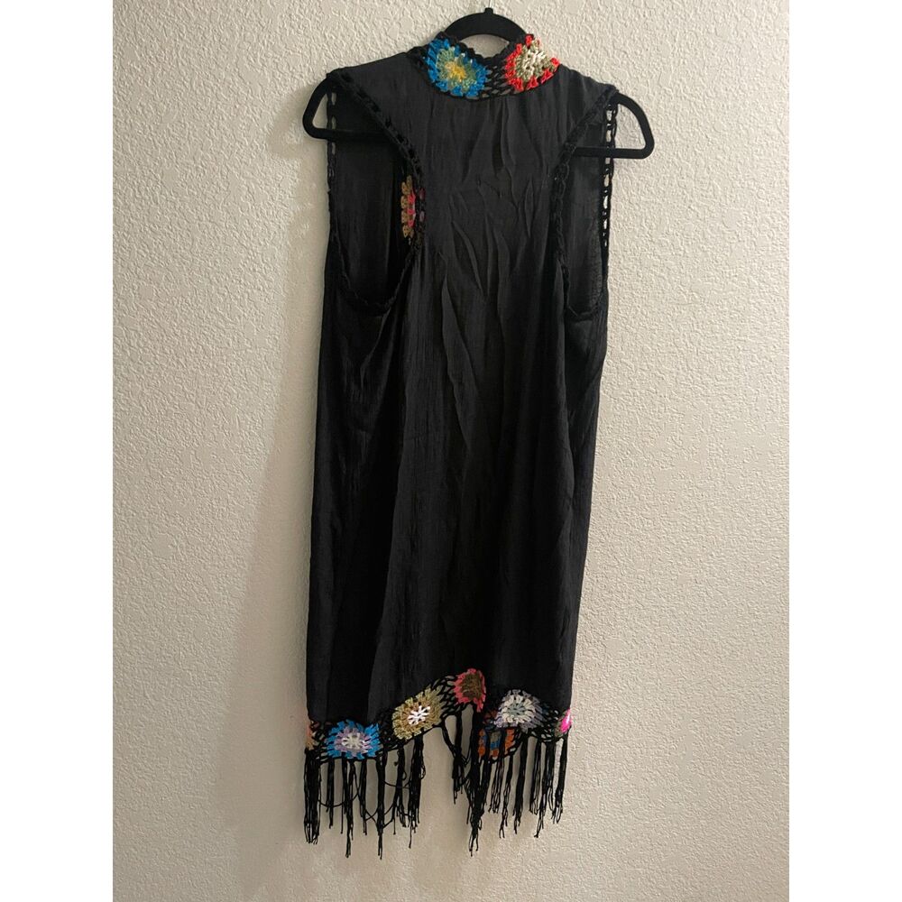 Vintage Crocheted Granny Square Black Long Vest w/Fringe Size Large by Kontrol - Picture 4 of 5